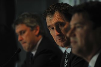 Former Nine boss David Gyngell, Cricket Australia's chief executive James Sutherland and McLennan at the announcement of the new broadcasting rights of Australian Cricket.