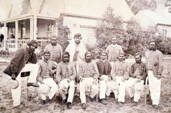 The Aboriginal cricket team who played the Melbourne Cricket Club on Boxing Day 1866. Tom Wills is at the back wearing a cap.
