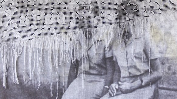 Christus Nóbrega's 'The Two Friends' (2017), print on linen and lace, from the exhibition Labirinto.