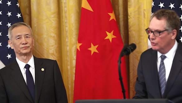Liu He, China's vice premier, left, listens as Robert Lighthizer, US trade representative, speaks during a signing ceremony for the US-China "phase-one" trade agreement with President Donald Trump in Washington.