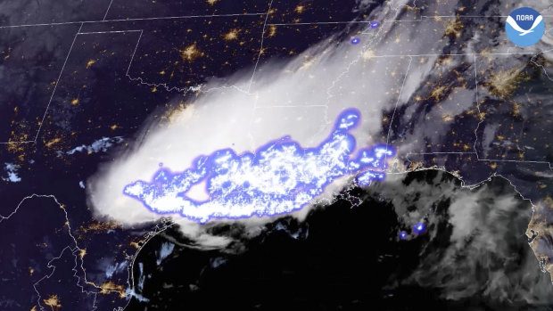 A National Oceanic and Atmospheric Administration shows a thunderstorm complex which was found to contain the longest single flash that covered a horizontal distance on record, at around 768 kilometers across parts of the southern United States on April 29, 2020. 
