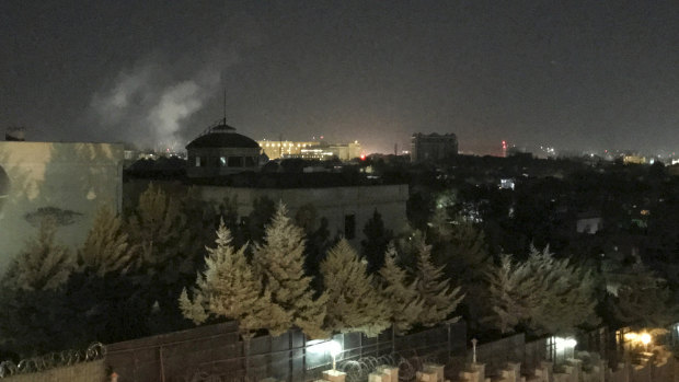 A plume of smoke rises near the US Embassy in Kabul, Afghanistan, on the 18th anniversary of 9/11.