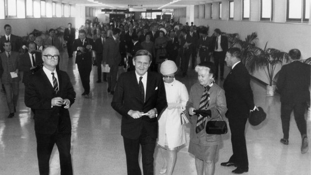 Prime Minister John Gorton inspects the new Tullamarine Airport in Melbourne at the official opening.