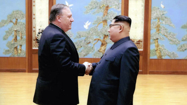 Then-CIA director, now secretary of state Mike Pompeo shakes hands with North Korean leader Kim Jong-un in Pyongyang at Easter.