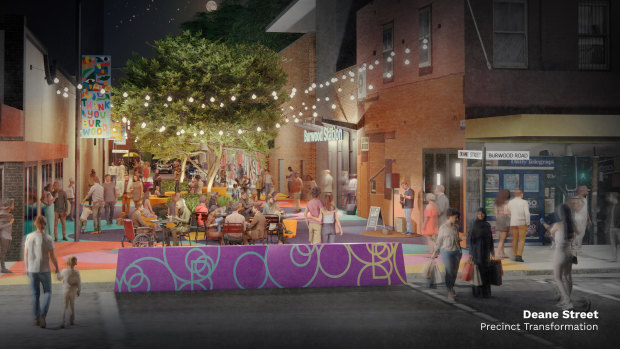 An artist’s impression of the changes to Deane Street in Burwood, where the council will trial an outdoor dining space next to the busy train station.