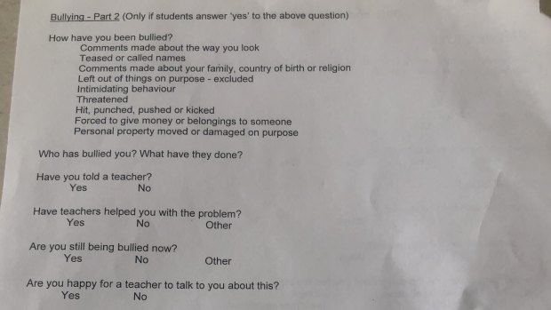 A survey handed out to students at Theodore Primary asked them to record the names of bullies.