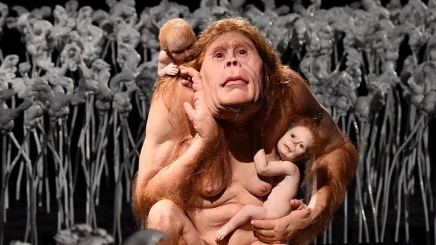The art work titled Kindred by artist Patricia Piccinini is seen during her exhibition called Curious Affection at Queensland's Gallery of Modern Art