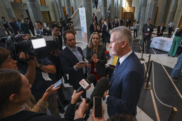 Employment and Workplace Relations Minister Tony Burke holds a press conference during the summit on Thursday.
