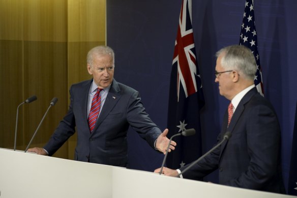 Then US vice-president Joe Biden delivering a joint press statement with then-prime minister Malcolm Turnbull at the Commonwealth Parliamentary Offices in July 2016. 