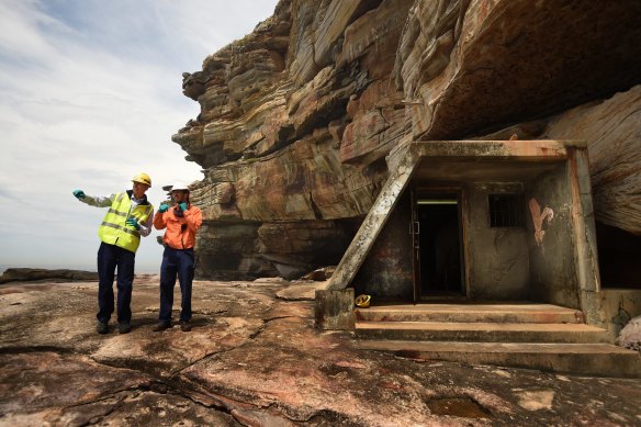 Bondi Waste Water Treatment Plant Manager Tony Williamson (left) and Production Team Leader Daniel Toole (right) at Sydney Water Bondi Waste Water Treatment Plant's Eastern Safe Haven or safety escape that opens onto the ocean at North Bondi. 26th October,2015. Photo: Kate Geraghty