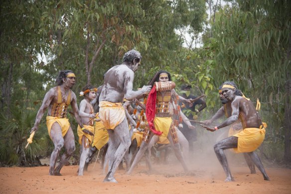 Ceremonial dance during the Garma Festival in northeast Arnhem Land, Northern Territory in July, where Prime Minister Anthony Albanese unveiled draft wording to enshrine the Voice in the Constitution.