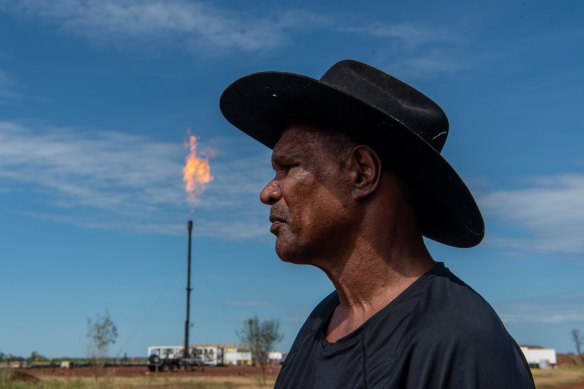 Johnny Wilson at an exploratory gas well on Tanumburini Station, part of the proposed Beetaloo Basin gas project.