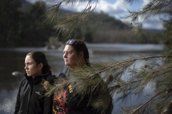 Gundungurra traditional owners Kazan Brown (right) and her daughter Taylor Clarke on land that would be inundated by the raising of the Warragamba Dam wall. 