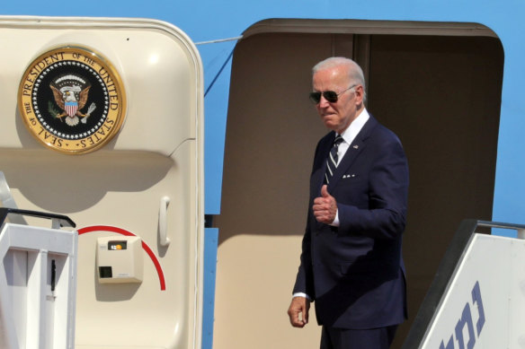 US President Joe Biden at Ben Gurion airport near Tel Aviv where in July he became the first US president to make a direct flight between Israel and Saudi Arabia.
