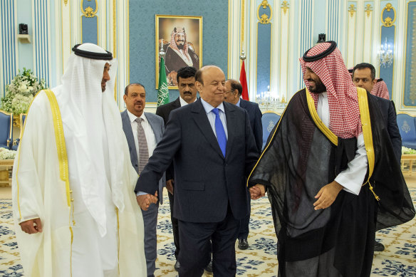 Yemen's President, Abed Rabbo Mansour Hadi (centre) is accompanied by Saudi Arabia's Crown Prince Mohammed bin Salman (right) and Dhabi's crown prince, Mohammed bin Zayed Al Nahyan before signing a power-sharing deal in Riyadh, Saudi Arabia, in November. 