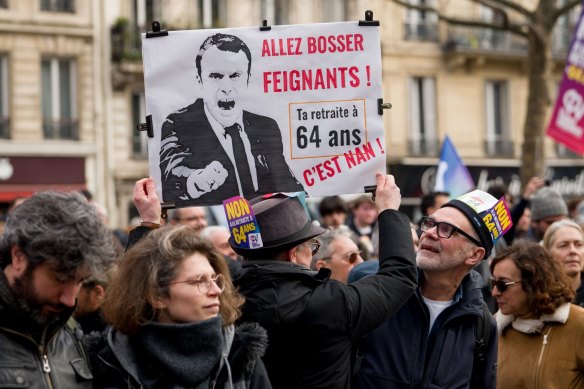 Demonstrators at a protest against government plans to revamp the pension system, in Paris on Saturday, February 11.