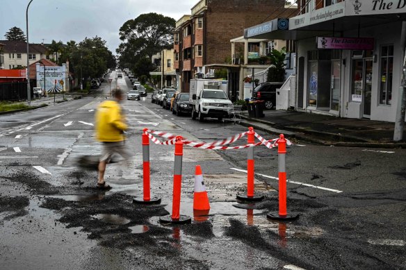Road damage due to the heavy rain at Curlewis Street in Bondi.