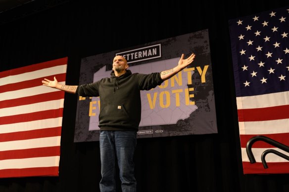 John Fetterman, lieutenant governor of Pennsylvania and Democratic senate candidate, arrives on stage during a campaign rally in Erie.