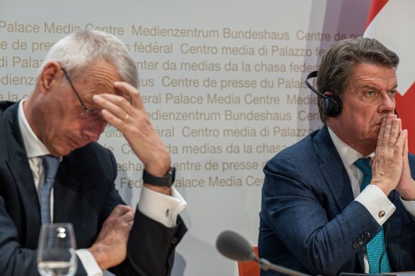 Axel Lehmann, chairman of Credit Suisse Group chairman Axel Lehmann and Colm Kelleher, chairman of UBS, during Sunday’s news conference announcing the takeover. 