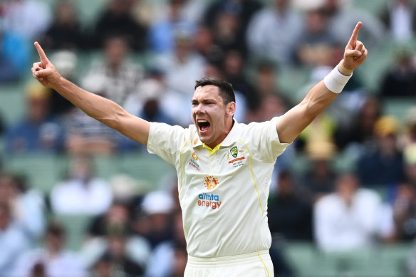 In frame: Scott Boland celebrates after taking his first Test wicket. 