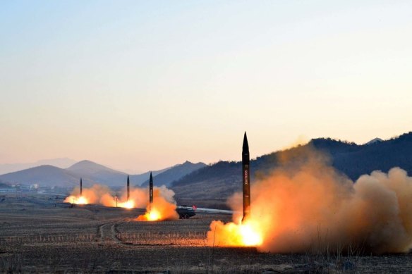 In this March 6, 2017, photo distributed by the North Korean government, four extended range Scud missiles lift off from their mobile launchers in North Pyongan Province.