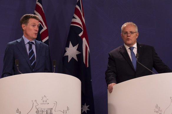 Prime Minister Scott Morrison, right, and Attorney-General Christian Porter announce the updated draft to the religious discrimination bill. 