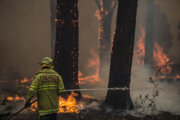 Firefighter Adam Brown from Fire & Rescue NSW protects properties near South Taree on Sunday.