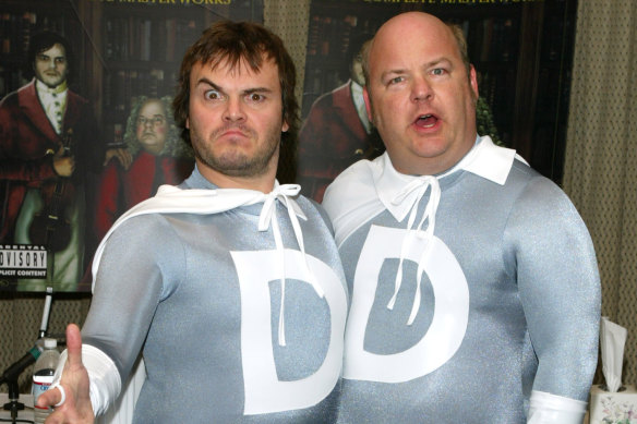 Jack Black and Kyle Gass announce a 45-day fast to mark their DVD The Complete Master Works, in 2003 in New York.