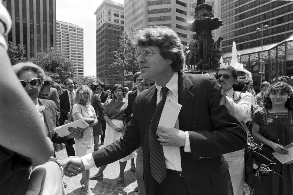 Democratic gubernatorial candidate Jerry Springer greets supporters at a rally in Cincinnati, Ohio, in 1982.