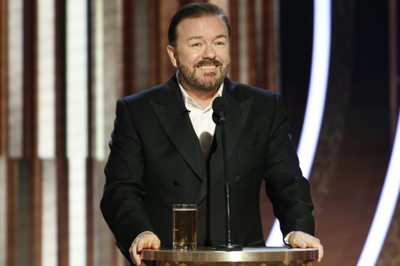 Ricky Gervais on stage at the 77th annual Golden Globe Awards.