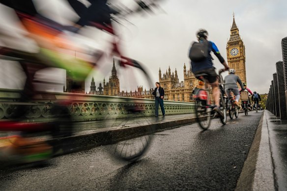 Cyclists crossing London’s Westminster Bridge.