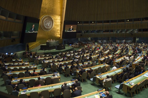 A UN General Assembly meeting. 