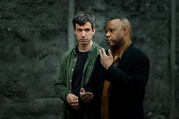 Nathan Fielder, left, with his first participant/patsy/victim, Kor Skeete, in The Rehearsal.