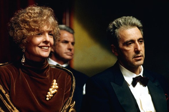 From left, Diane Keaton, George Hamilton and Al Pacino in The Godfather Part III.
