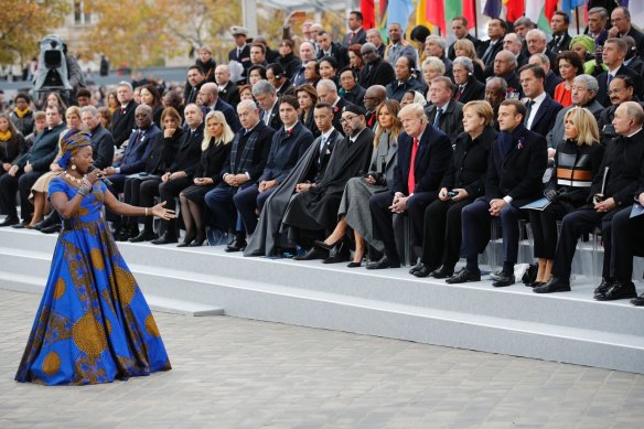 Kidjo performs in front of heads of state and world leaders during ceremonies at the Arc de Triomphe in 2018. 