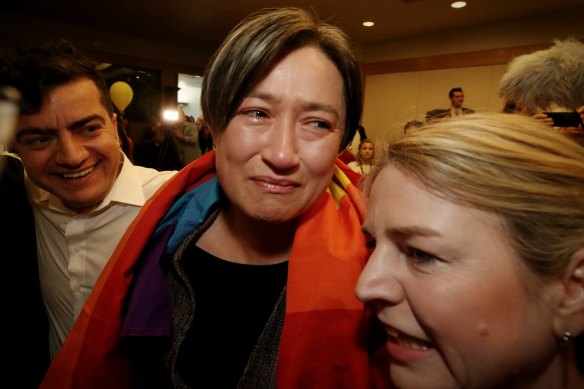 Senator Penny Wong after the result in the same-sex marriage survey at Parliament House in 2017. 