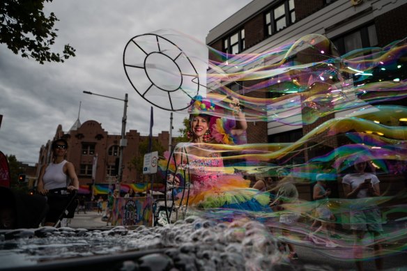 A reveller takes part in a once-in-a-lifetime closure of Oxford Street in Sydney as part of the WorldPride celebrations on March 4, 2023.