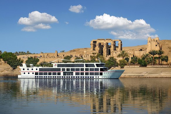 A rendering of the Viking Ra on the Nile River near the Temple of Sobek and Haroeris in Kom Ombo, Egypt.