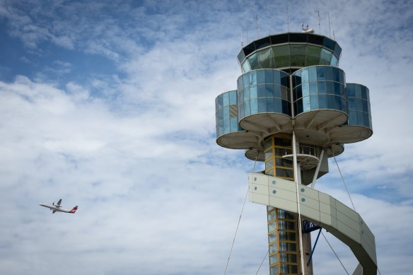 The Ken Woolley-designed control tower at Sydney International Airport.