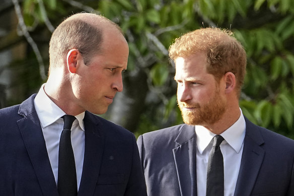 Prince William and Prince Harry after viewing the floral tributes for Queen Elizabeth II outside Windsor Castle following her death in 2022.