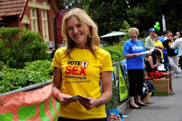 Fiona Patten campaigning in 2009. The name changed from Sex Party to Reason Party in 2017 after she was elected.