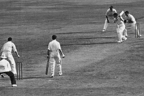Donald Bradman in action during the 1930 Ashes that the synthetic broadcasts brought to life.