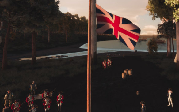 Marines stand below the British flag at Sydney Cove as portrayed in the Virtual Warrane for the Australia Day concert.