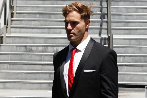 NRL player Jack de Belin, who is facing trial over sexual assault offences, leaves Wollongong Courthouse on Tuesday.