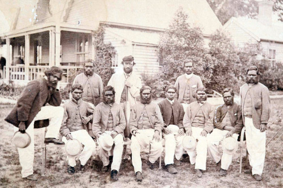 The Aboriginal cricket team who played the Melbourne Cricket Club on Boxing Day 1866. Tom Wills is at the back wearing a cap.