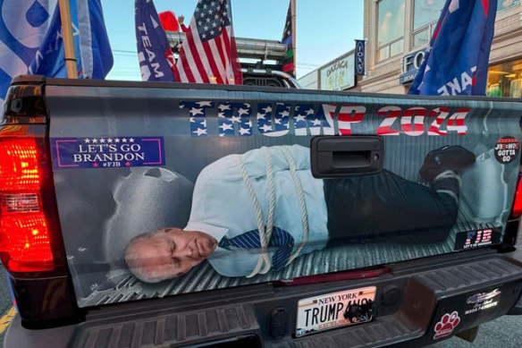 An image of a hog-tied US President Joe Biden, as seen in the video released on Donald Trump’s website.
