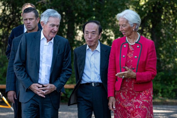 Jerome Powell, Bank of Japan governor Kazuo Ueda, and European Central Bank president Christine Lagarde at Jackson Hole.