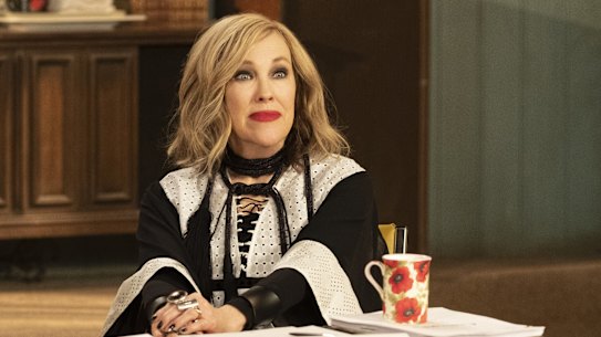 Fold the cheese? Catherine O’Hara as Moira Rose in a scene from Schitt’s Creek.