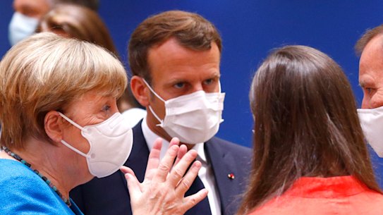German chancellor Angela Merkel and French president Emmanuel Macon. Leaders of the 27 members of the European Union agreed on a stimulus package in response to the coronavirus pandemic after nearly five days of acrimonious negotiations.