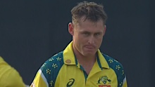 Marnus Labuschagne reacts after he was run out after a mix-up with Josh Inglis.